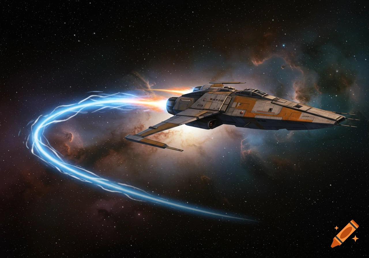 A grey and orange fighter starship flies through space, leaving a blue energy trail against a backdrop of stars and colorful nebulae.