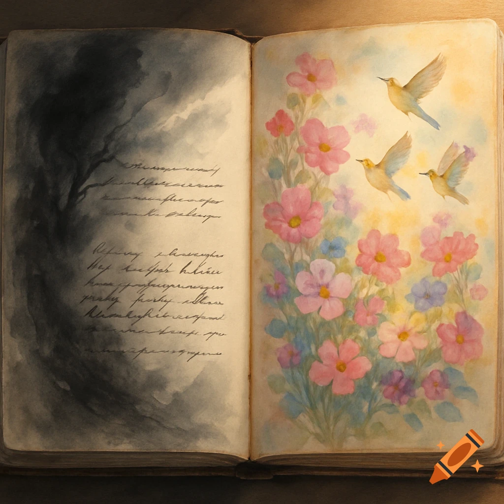 Watercolor painting of an open book, left page with dark tree and illegible text, opposing a bright page with colorful flowers and flying birds.