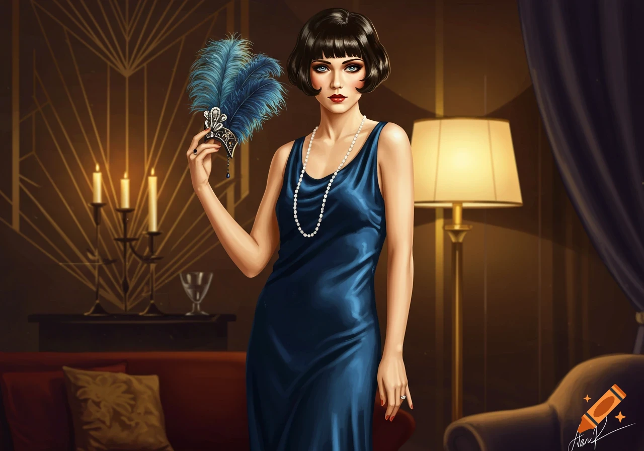 An Art Deco illustration of a woman with a bob haircut, wearing a blue slip dress and pearls, holding a feather fan.