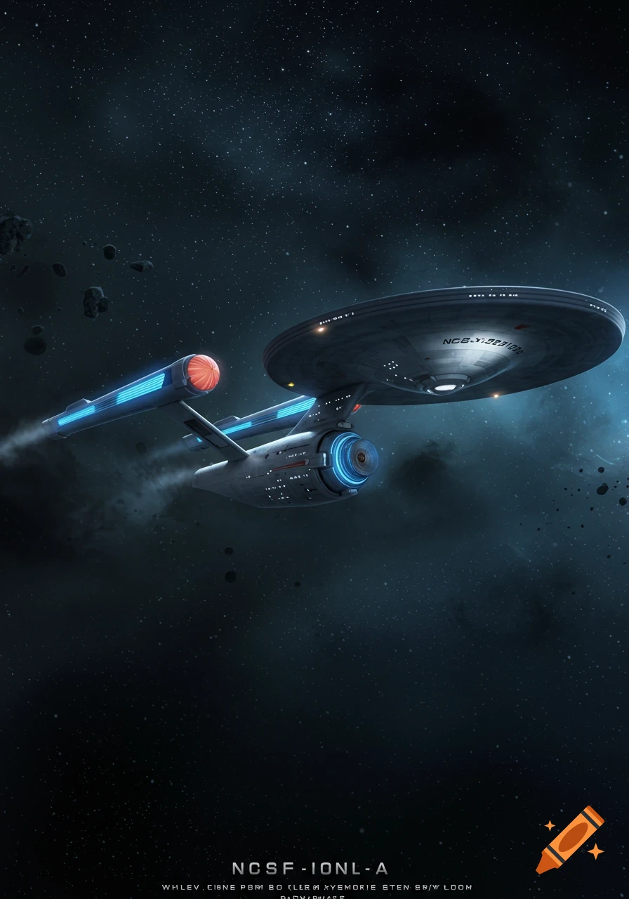 The USS Enterprise-A spaceship flying through a starry deep space with nebulae and asteroids.