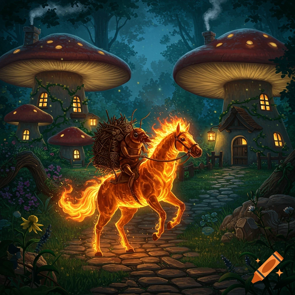 A termite with a stick-filled backpack rides a flaming horse through an enchanting mushroom village at night, in a fantasy illustration.