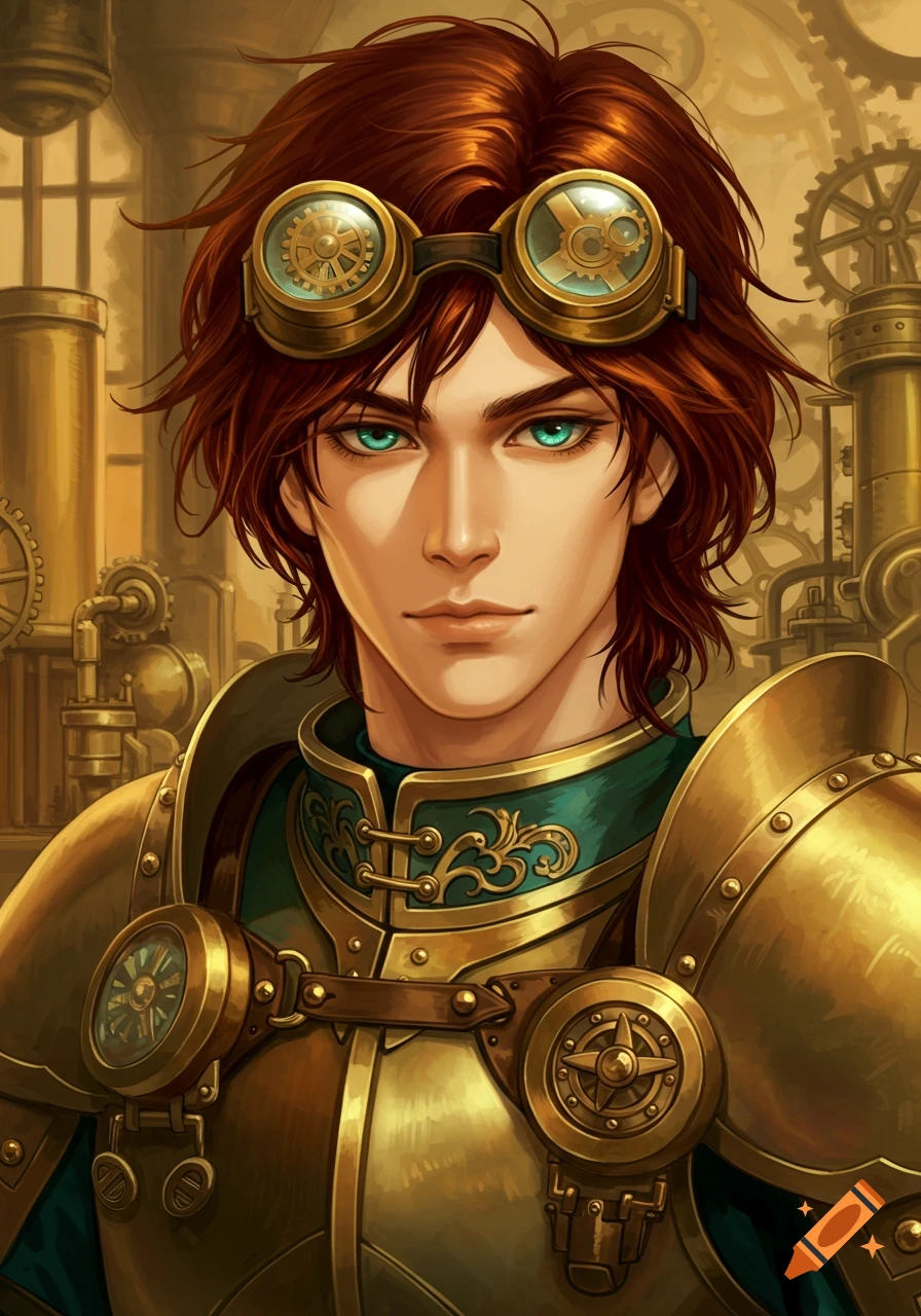 Anime style portrait of a young man with brown hair and teal eyes, wearing steampunk goggles and gold armor, against an industrial background.