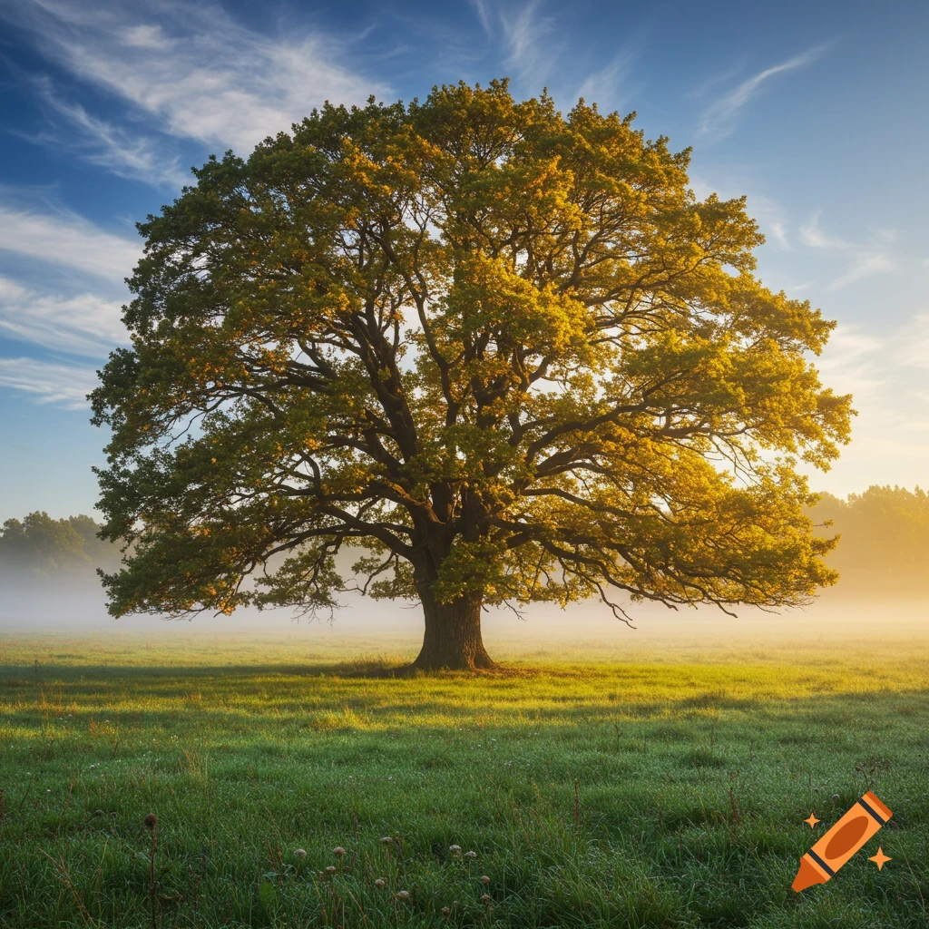 A grand oak tree stands in a sunlit, misty green field under a blue sky with wispy clouds. Photorealistic nature scene.