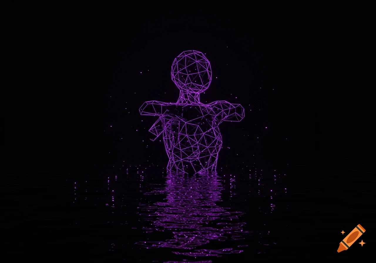 A glowing purple wireframe human figure emerges from black water with purple light points.