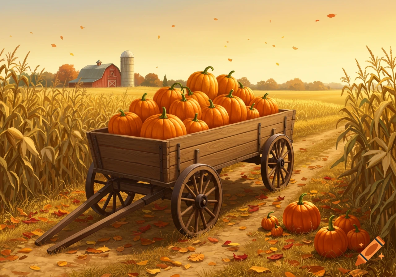 Painting of a wooden wagon full of pumpkins on a dirt path in a golden cornfield with a barn and silo under an autumn sky.