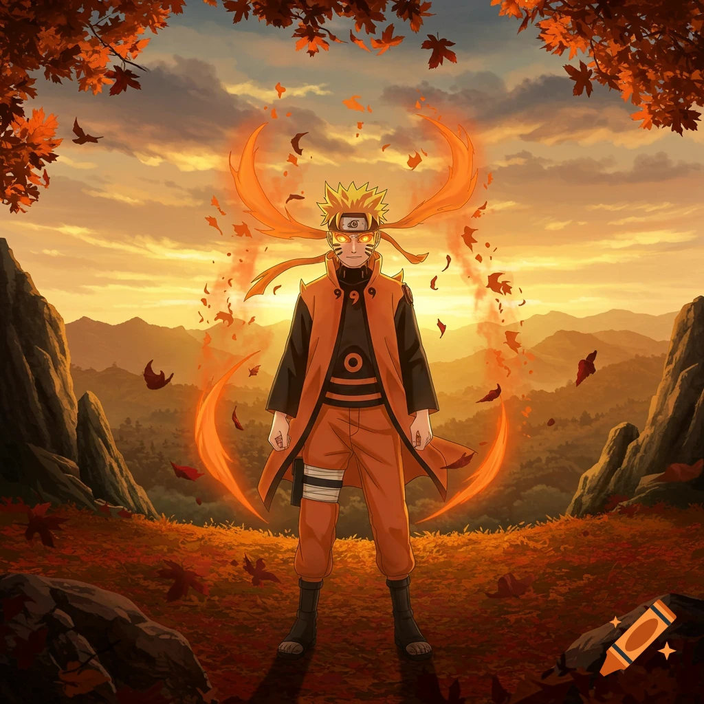 Naruto in Sage Mode, glowing with orange energy amidst autumn leaves at sunset.