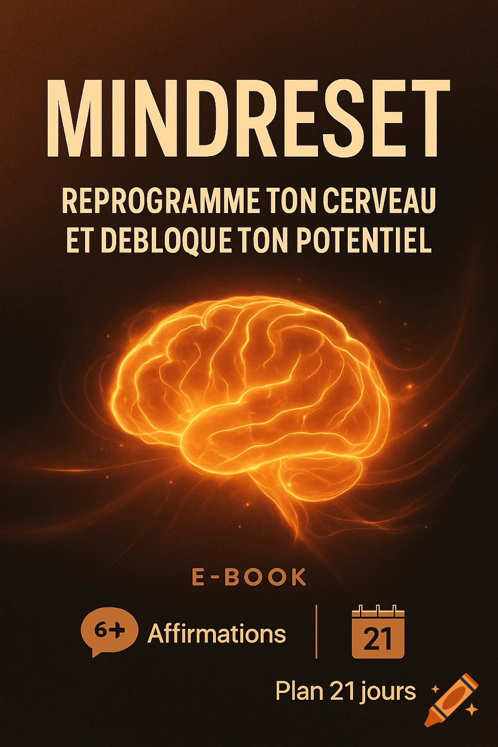 E-book cover for 'MindReset' with a glowing brain illustration on a dark background and French text.