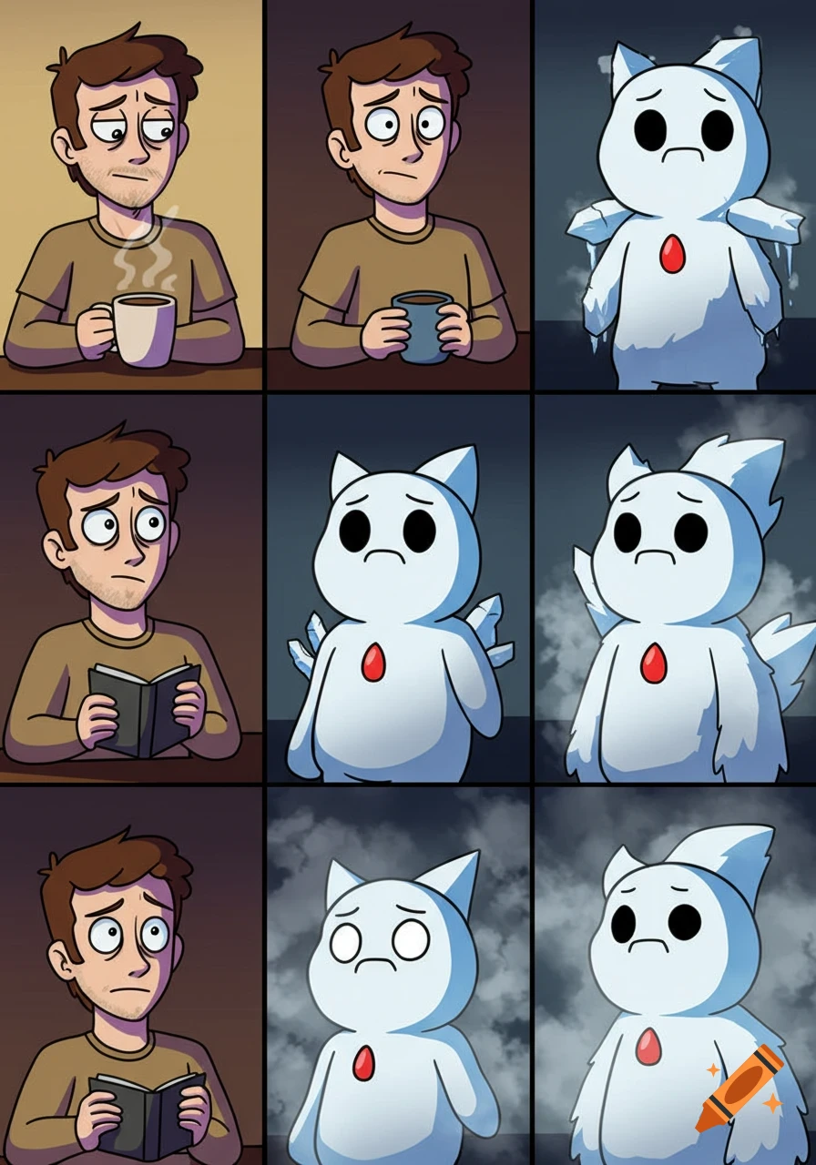 An 8-panel cartoon comic strip showing a man transforming into a sad, white, round character with a red gem, covered in ice and steam.