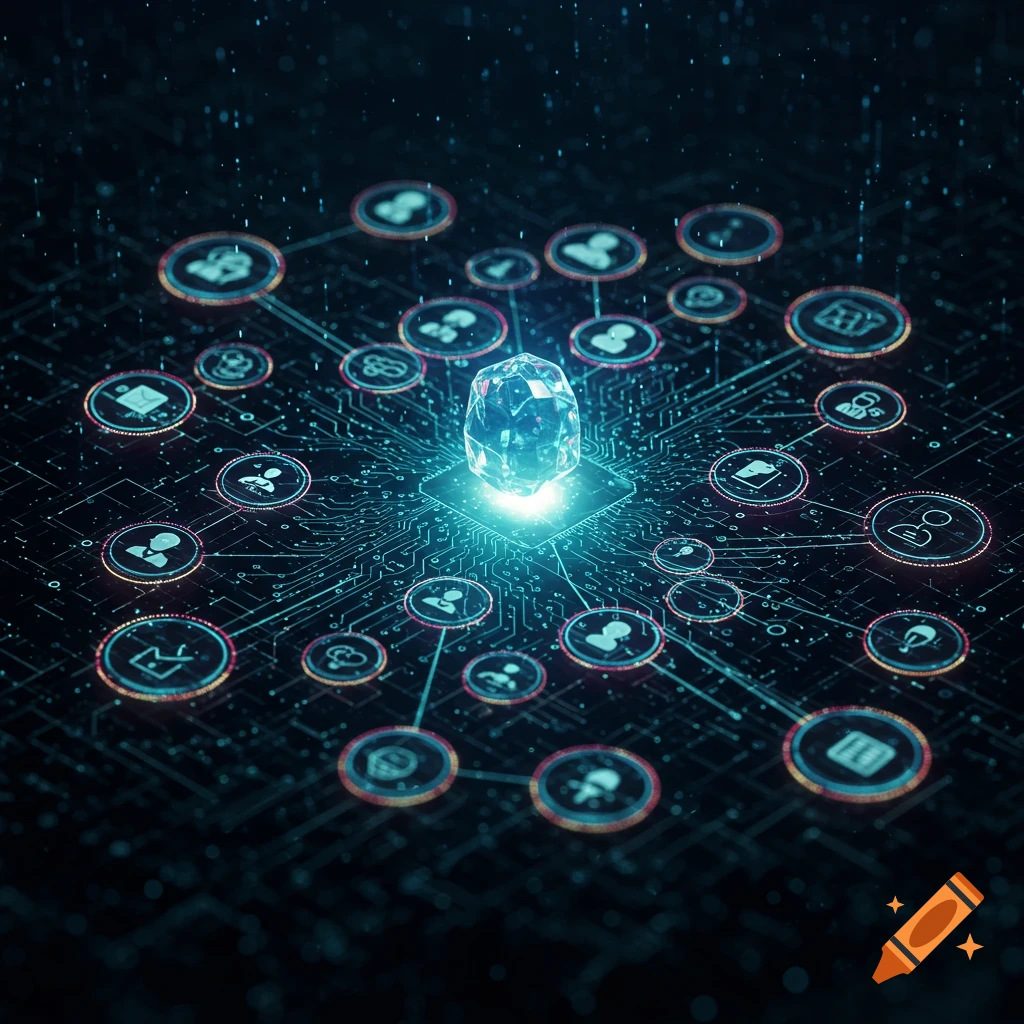 Glowing crystal on a circuit board, surrounded by interconnected abstract icons, representing AI and data flow.