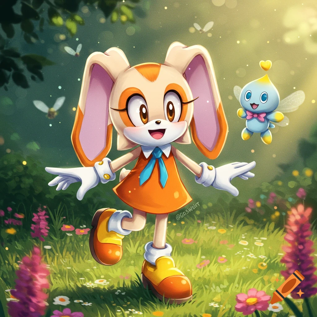 Cream the Rabbit and a Chao float among fireflies in a magical, lush forest with glowing flowers.