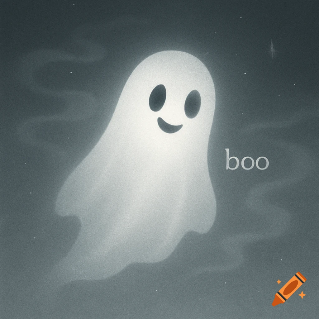 A friendly, glowing white ghost with a happy face floats in a dark, star-filled sky, with the word 'boo' next to it.