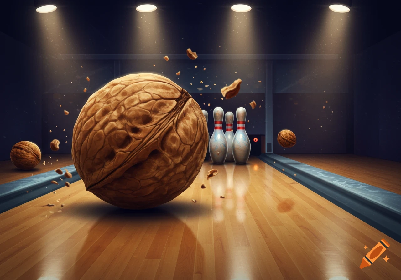 A giant walnut rolls down a bowling lane towards pins, with smaller walnuts and shell fragments flying. Dramatic lighting.