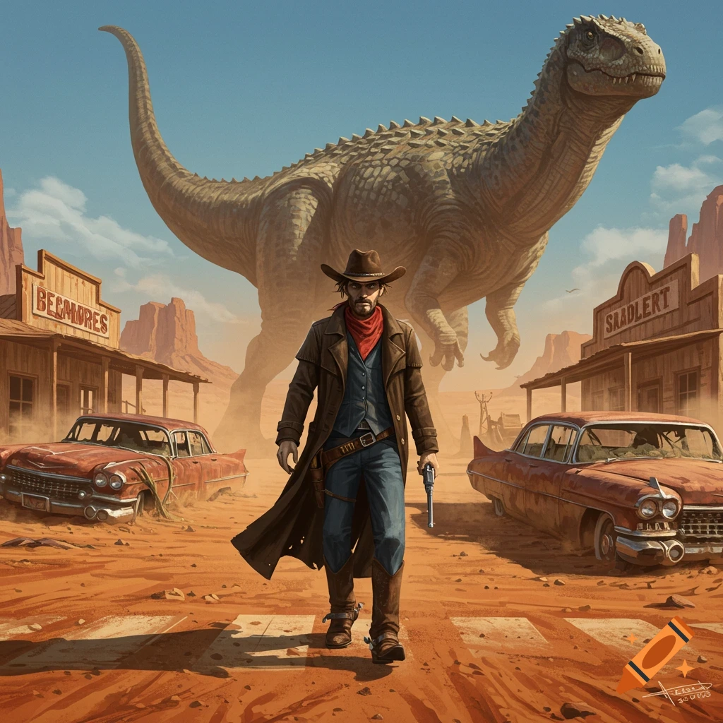 Illustrative scene of a cowboy with a pistol in a dusty Western town with old cars and a large dinosaur.