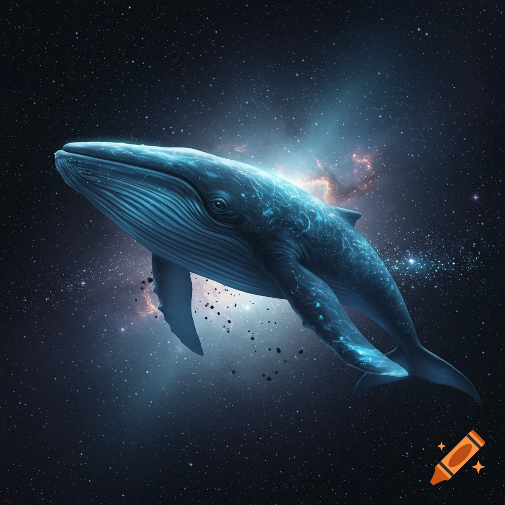 A large blue whale swims gracefully through a cosmic starry background with nebulae and glowing particles.