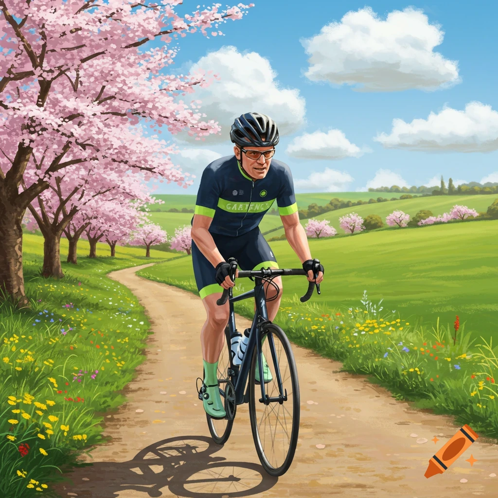 An illustrative painting of a man cycling on a dirt path lined with pink cherry blossom trees, under a blue sky with clouds.