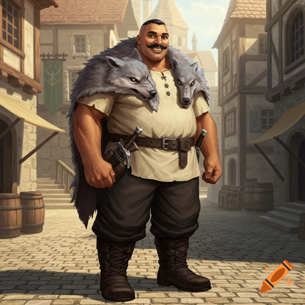 A muscular man with a mustache and a wolf pelt cloak stands confidently in an old town square, in a semi-realistic fantasy art style.