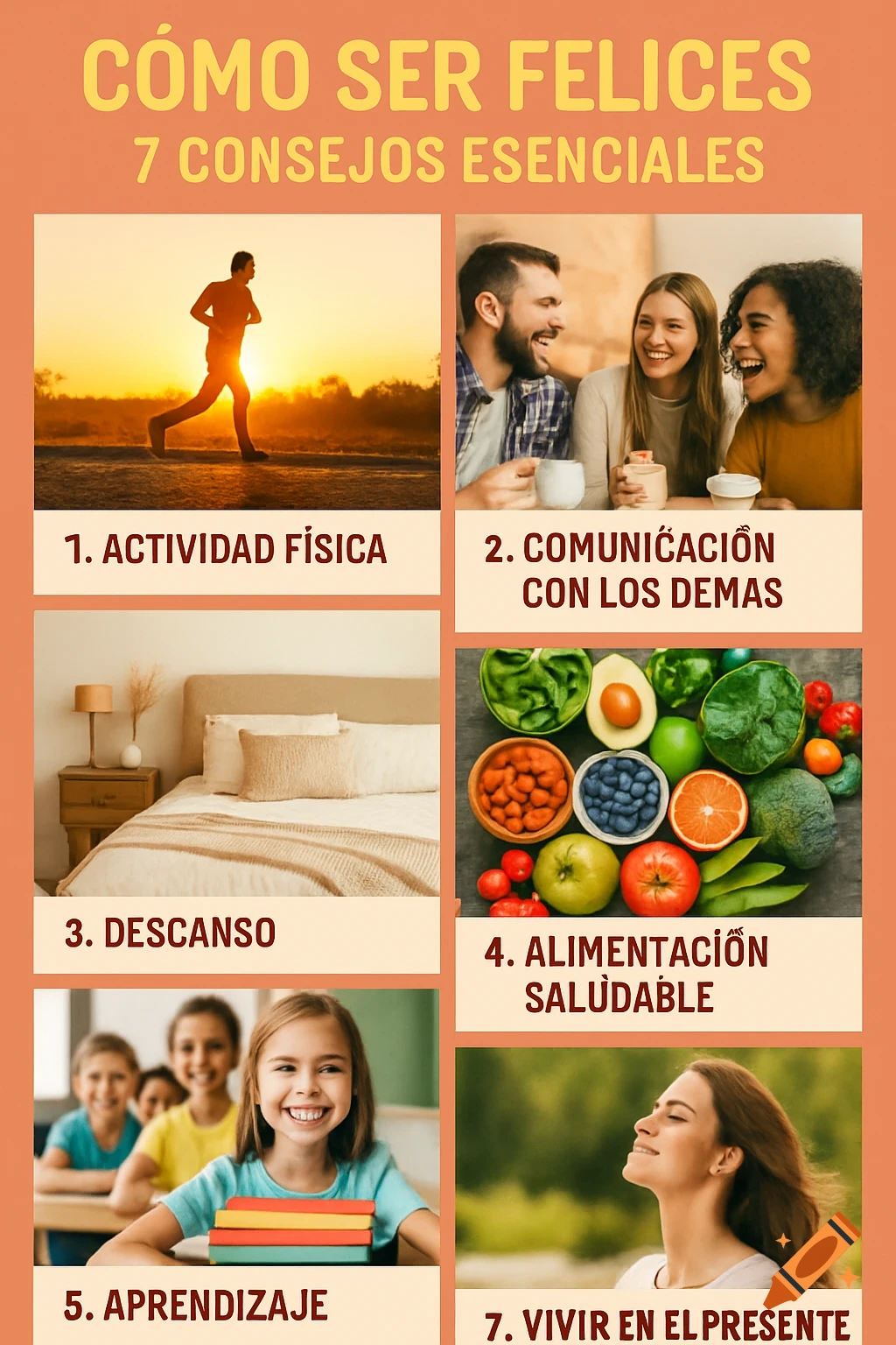 An infographic titled "How to Be Happy" with seven essential tips, featuring images of a man running, people laughing, a bed, healthy food, children learning, and a woman meditating.