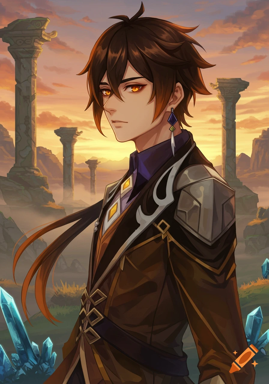 Anime character Zhongli with dark hair and amber eyes in a brown outfit, standing amidst ancient ruins and blue crystals at sunset.