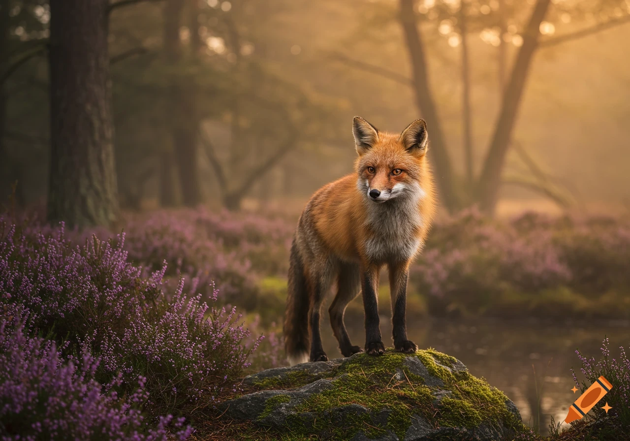 A red fox stands on a mossy rock in a foggy forest with purple heather, looking attentive. Photorealistic style.