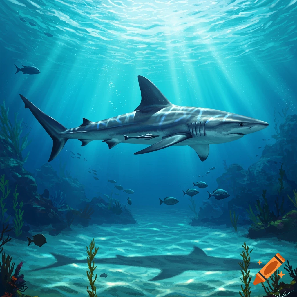 An illustrative depiction of a shark swimming in a sunlit ocean, above a coral reef with smaller fish.