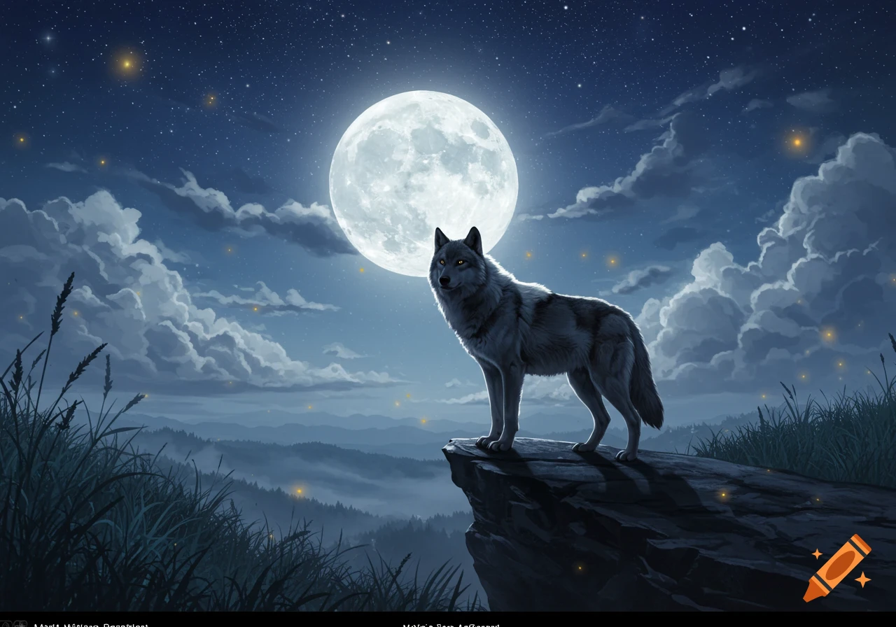 An illustrated grey wolf stands on a cliff under a huge full moon, with a starry night sky and misty mountains.