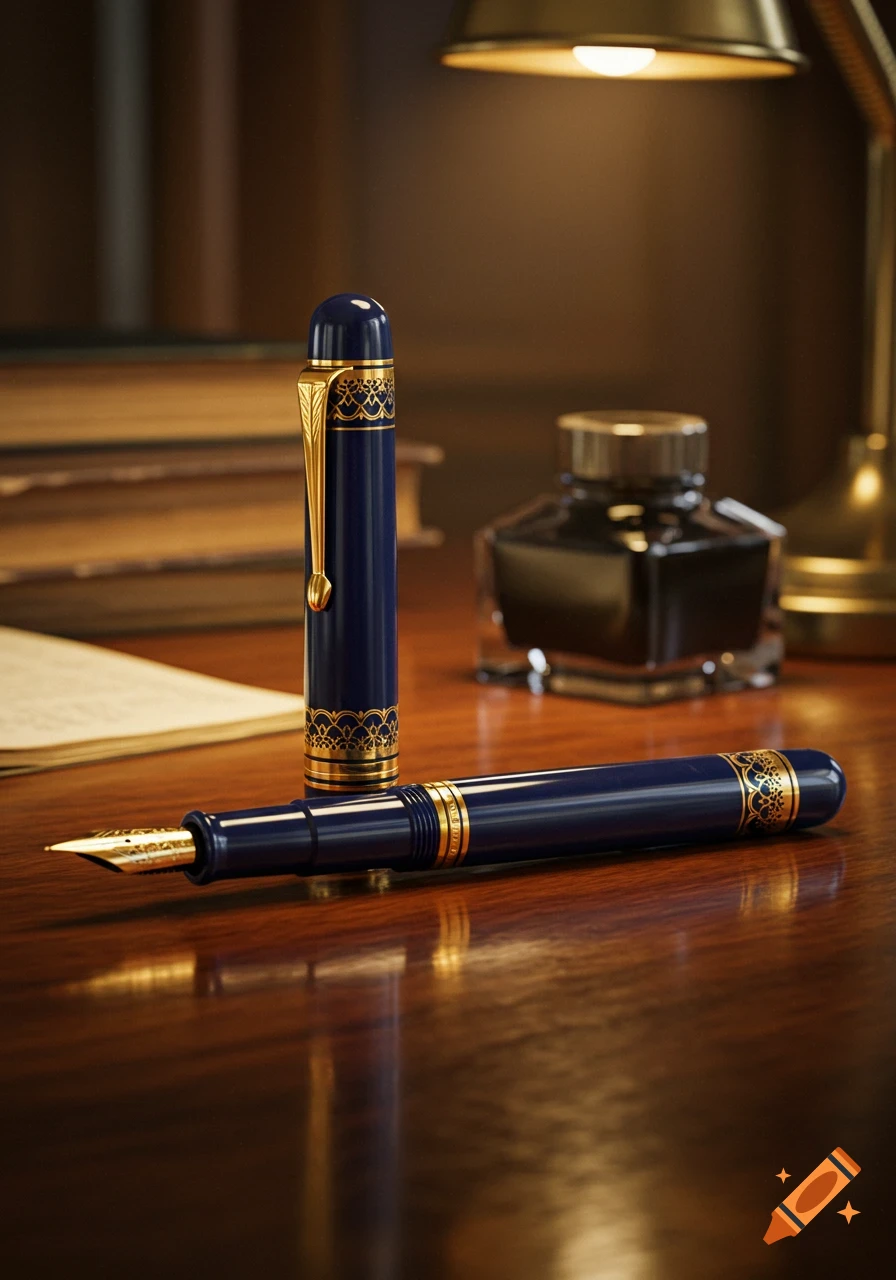 A photorealistic close-up of a blue and gold fountain pen, uncapped, on a polished wooden desk with an ink bottle and books.