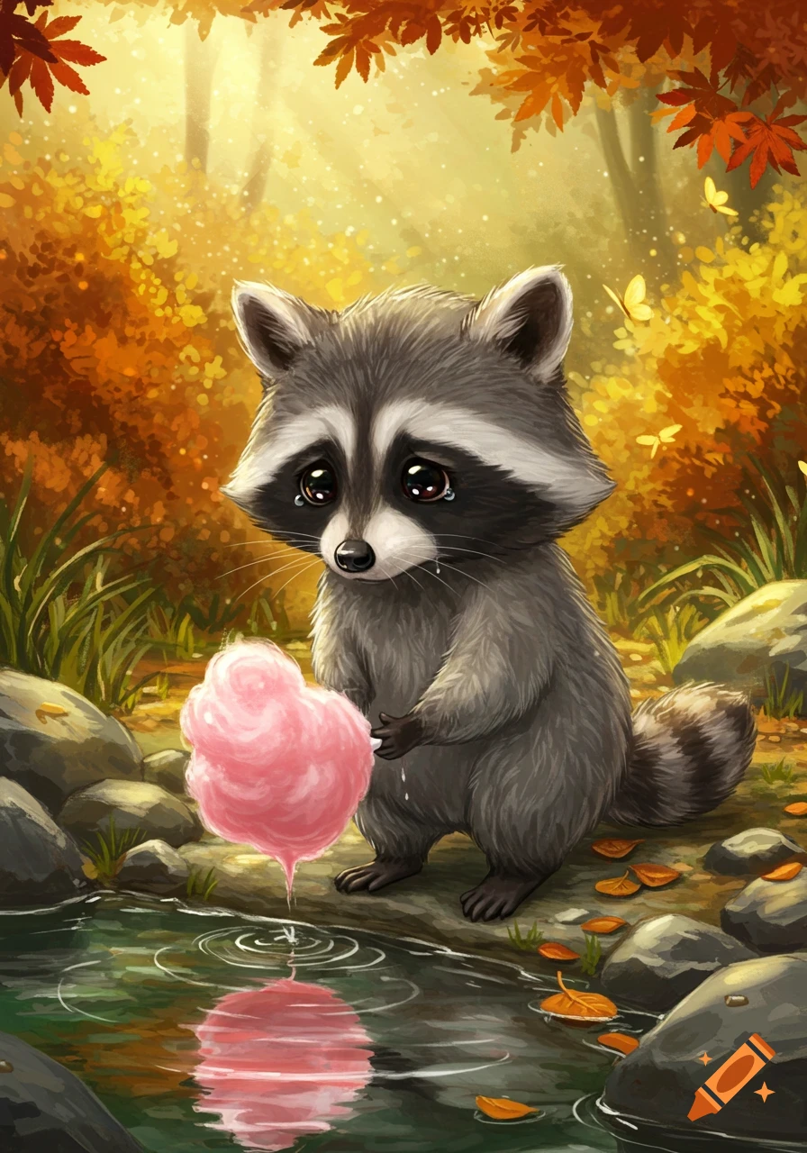A cute, sad cartoon raccoon cries while holding pink cotton candy over a pond in an autumn forest.