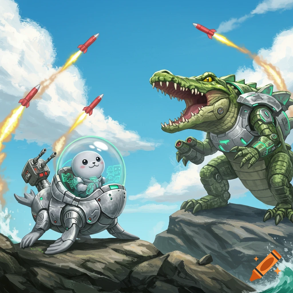 A cute cartoon seal in a battle mech fires missiles at a large alligator mech on a rocky shore under a blue sky.