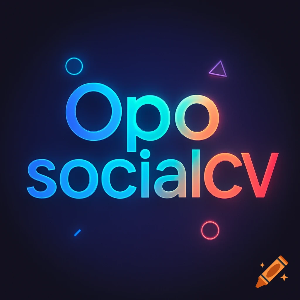 A glowing, colorful logo with the text 'Opo socialcv' on a dark background, surrounded by small abstract shapes.