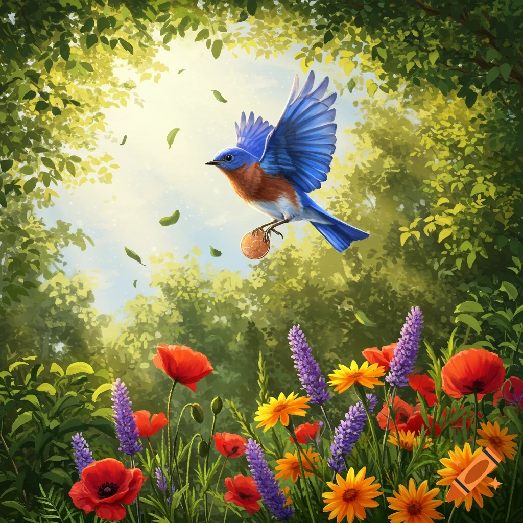 An illustrated bluebird flying with a coin over a vibrant garden with red poppies, purple lavender, and yellow flowers under a sunny green canopy.