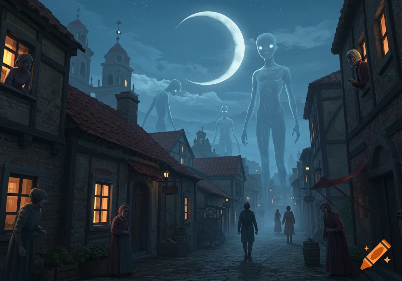 Giant translucent humanoid figures loom over a medieval town at night under a crescent moon, as townspeople look on in fear.