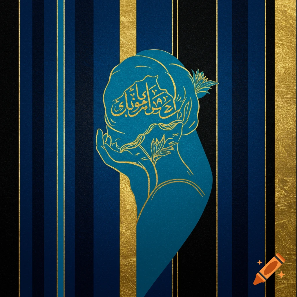 Stylized teal figure with gold Arabic calligraphy within its head and hands holding a gold plant, set against a background of vertical blue, black, and gold stripes.