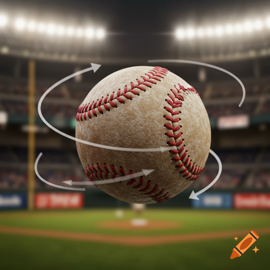 A close-up of a textured baseball spinning in mid-air with white arrows showing its rotation, in a blurred baseball stadium at night.