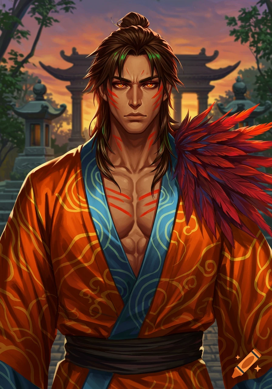 A stylized illustration of a built man with tan skin, orange eyes, and face paint, wearing an open orange kimono with feathers on his shoulder, against a sunset temple background.