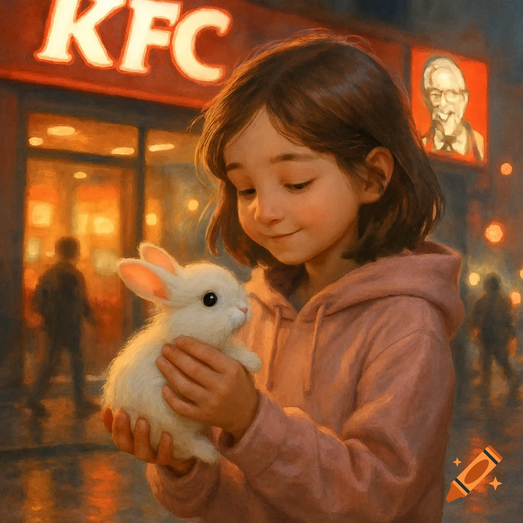 A young girl gently holds a white rabbit in front of a KFC restaurant, depicted in a soft, painterly style.