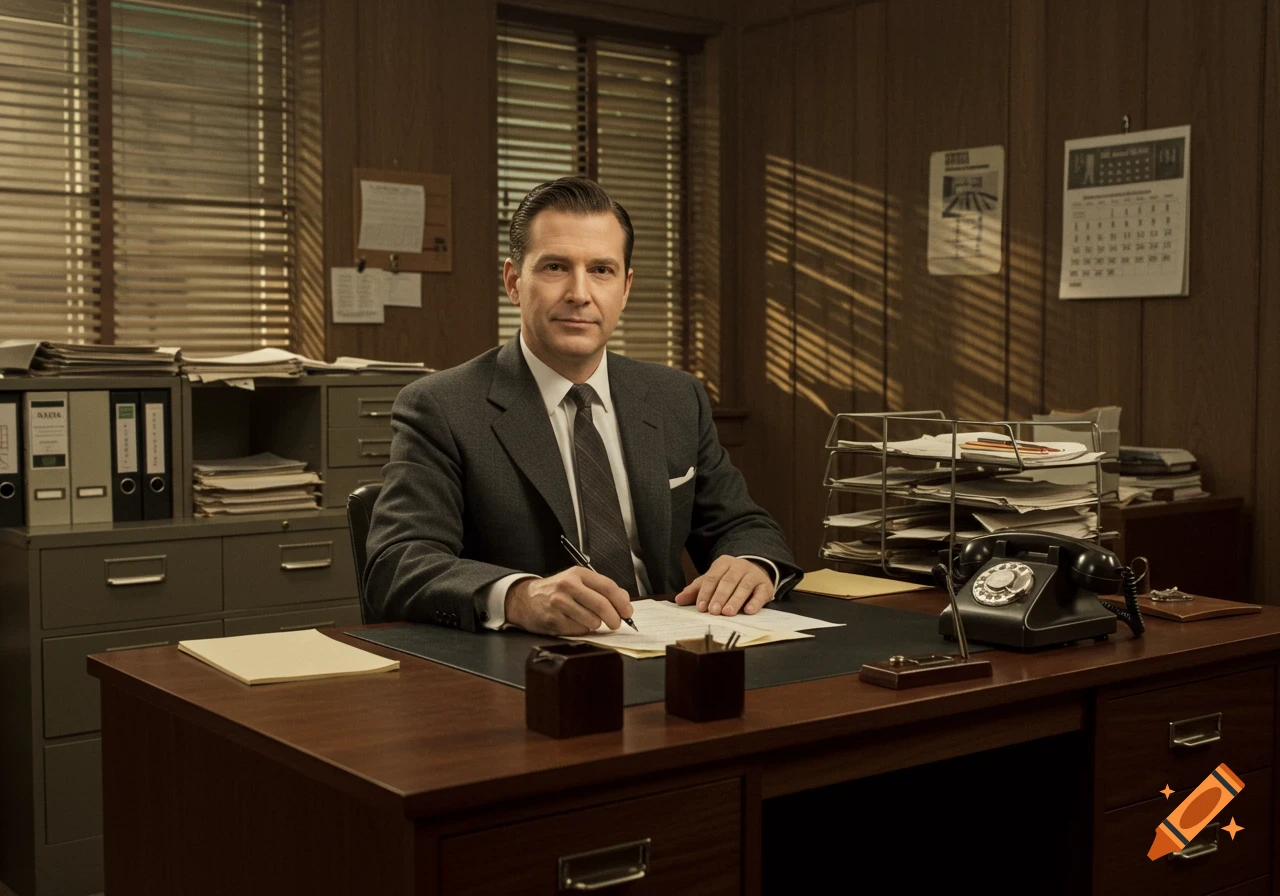 A man in a grey suit and tie sits at a wooden desk in a vintage 1950s office, writing on paper.