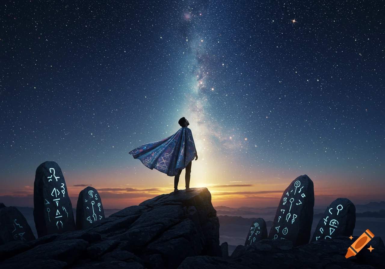 A person in a cape stands on a rocky peak, looking up at the Milky Way under a starry night sky, with glowing runic monoliths.