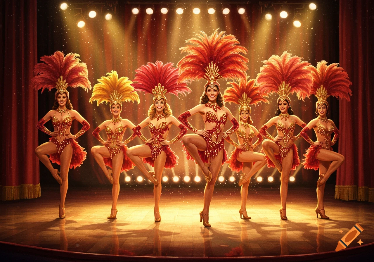 Six showgirls in red and gold sequined costumes with feathery headdresses pose on a brightly lit stage.