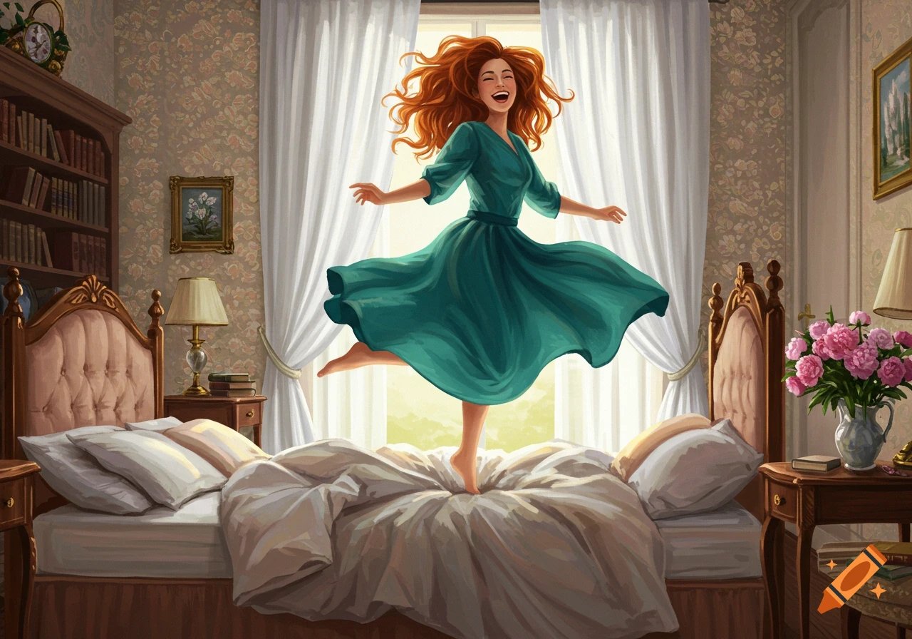 A joyful red-haired woman in a teal dress jumps high on a bed in a sunlit bedroom, illustration.