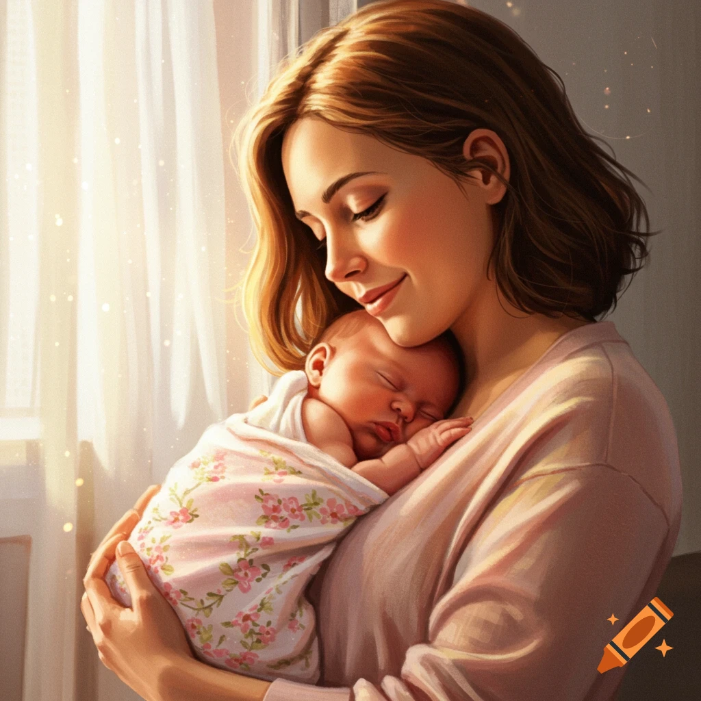 A woman with brown hair gently cradles a sleeping baby wrapped in a floral blanket, bathed in warm sunlight.