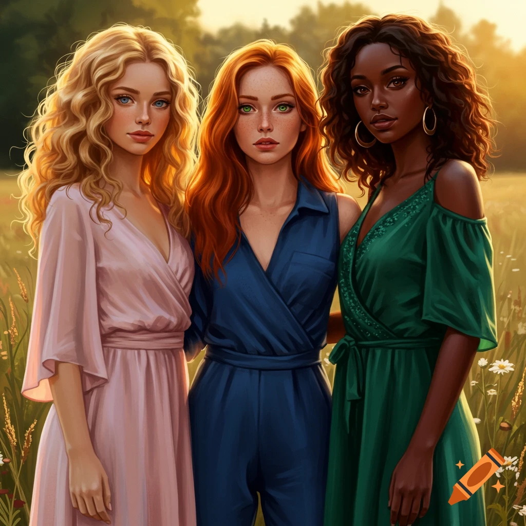 Three diverse young women with different hair colors and styles, wearing stylish dresses and a jumpsuit, standing in a sunny field. Digital art.