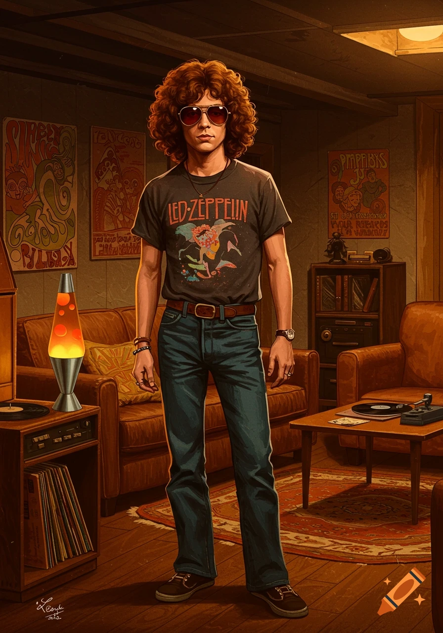 A man resembling Steven Hyde with curly hair and sunglasses, wearing a Led Zeppelin t-shirt and jeans, stands in a 70s-themed room with a lava lamp, record player, and vintage posters.