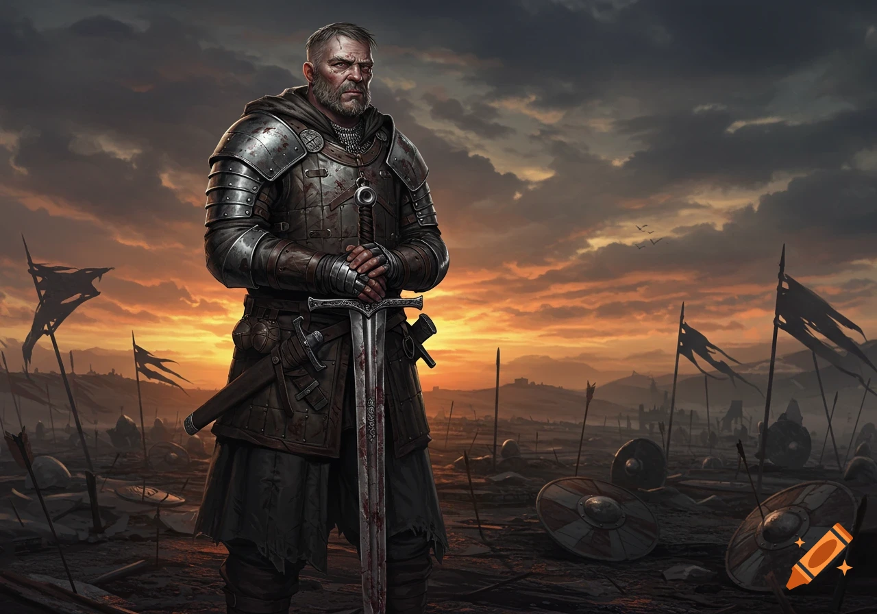 A grim armored warrior stands on a desolate battlefield at sunset, holding a bloody sword.