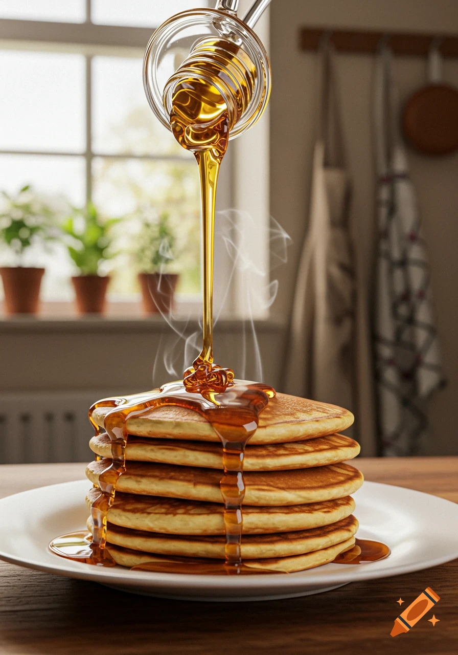 A photorealistic image of a tall stack of golden pancakes on a white plate, with thick golden syrup being poured from a dipper, creating luscious drips down the sides. Steam rises from the warm pancakes, set in a bright kitchen with a window in the background.