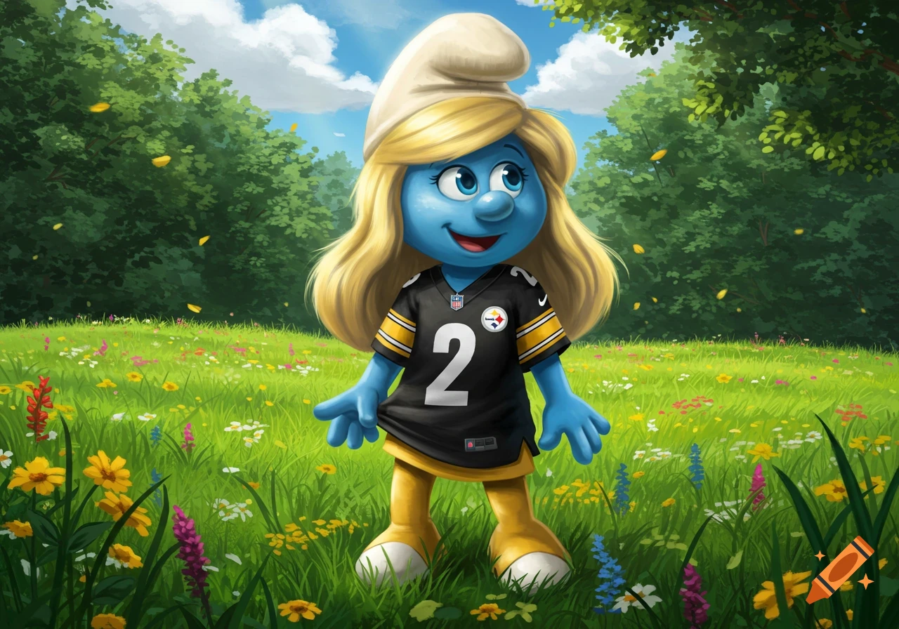 Smurfette in a Pittsburgh Steelers jersey stands in a vibrant flowery meadow with trees under a blue sky.