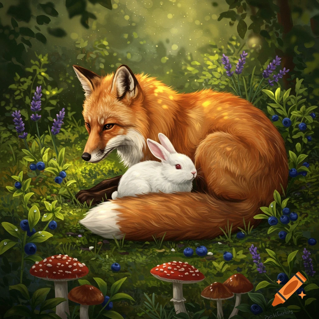 A digital painting of a red fox curled up peacefully with a white bunny on a lush forest floor with blueberries, lavender, and mushrooms.