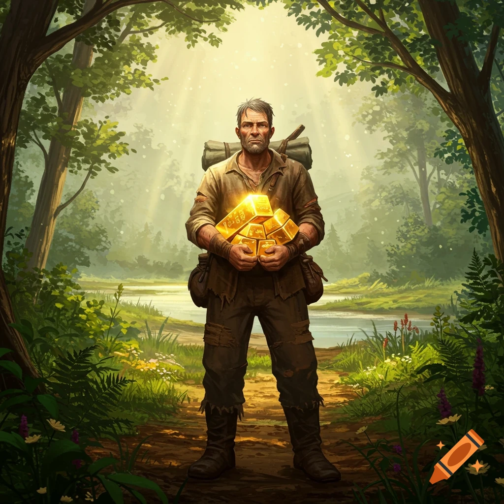 A grizzled man with a backpack holds glowing gold bars in a lush forest, light rays piercing through trees, in an illustrative style.