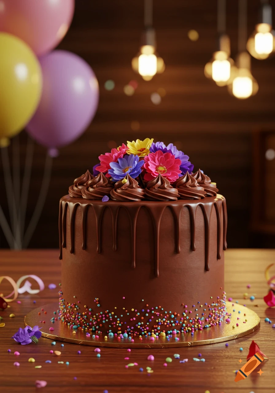 A photorealistic chocolate birthday cake decorated with colorful flowers, chocolate frosting, and sprinkles, set on a wooden table with balloons and string lights in the background.