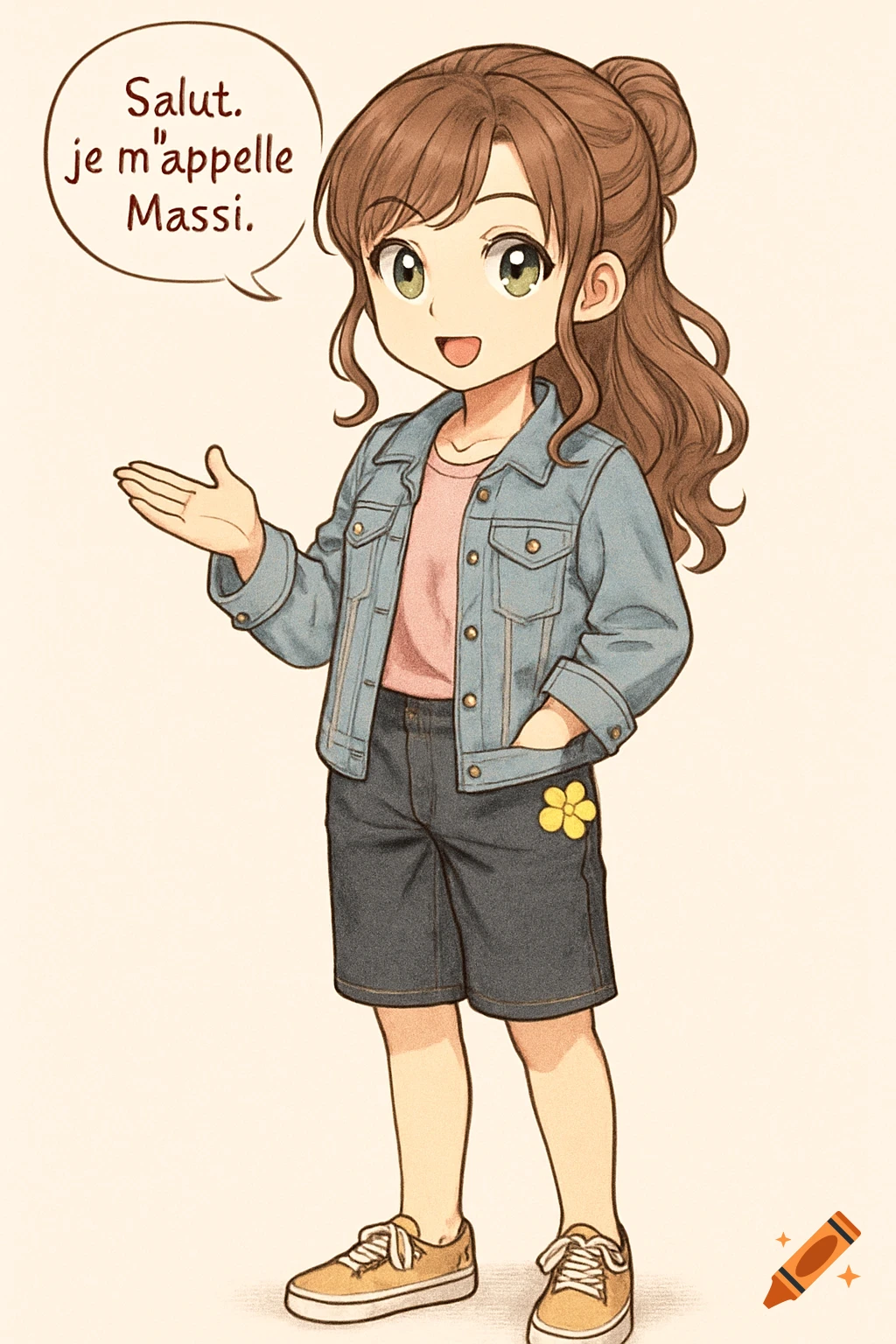 A kawaii anime girl with brown hair in a ponytail, wearing a denim jacket, pink shirt, dark shorts, and sneakers, waves and says 'Hello, my name is Massi.' in a speech bubble.