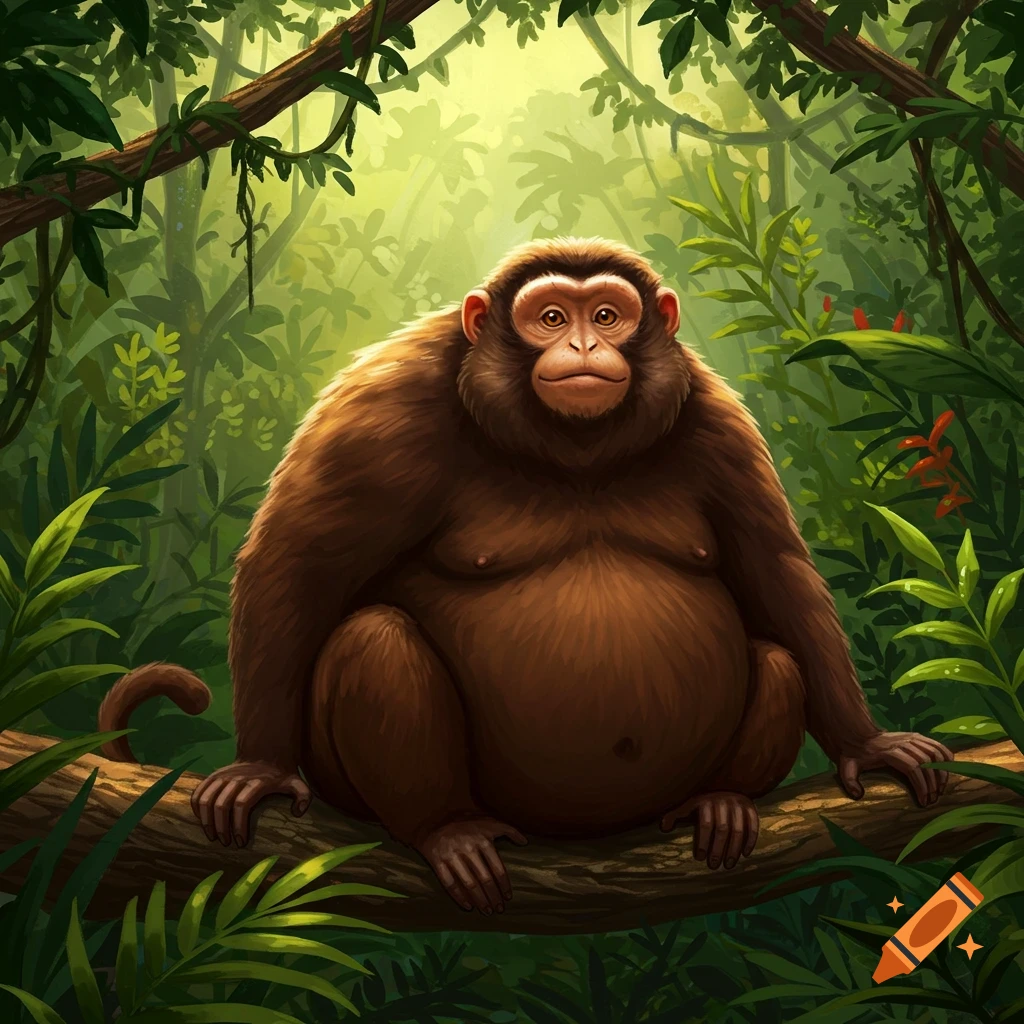 A plump brown monkey sits on a log in a lush green jungle, rendered in a cartoon illustration style.